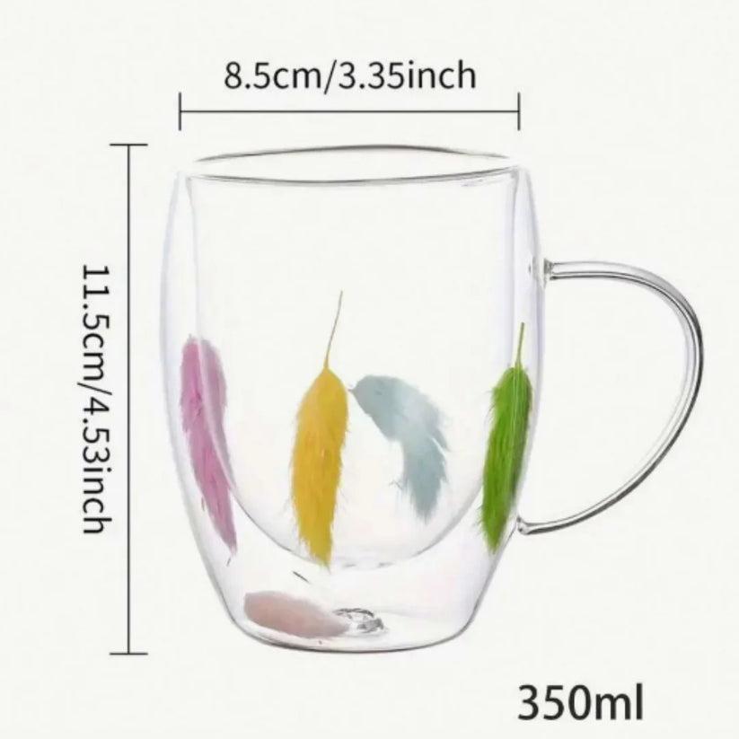Creative Double Wall Glass Cup with Real Flowers & Feathers Inside