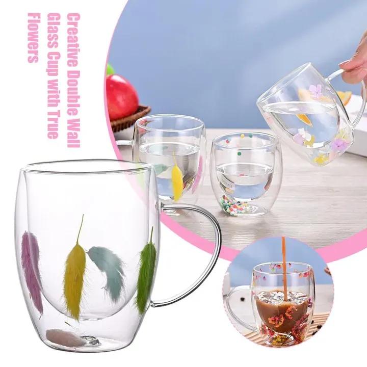 Creative Double Wall Glass Cup with Real Flowers & Feathers Inside